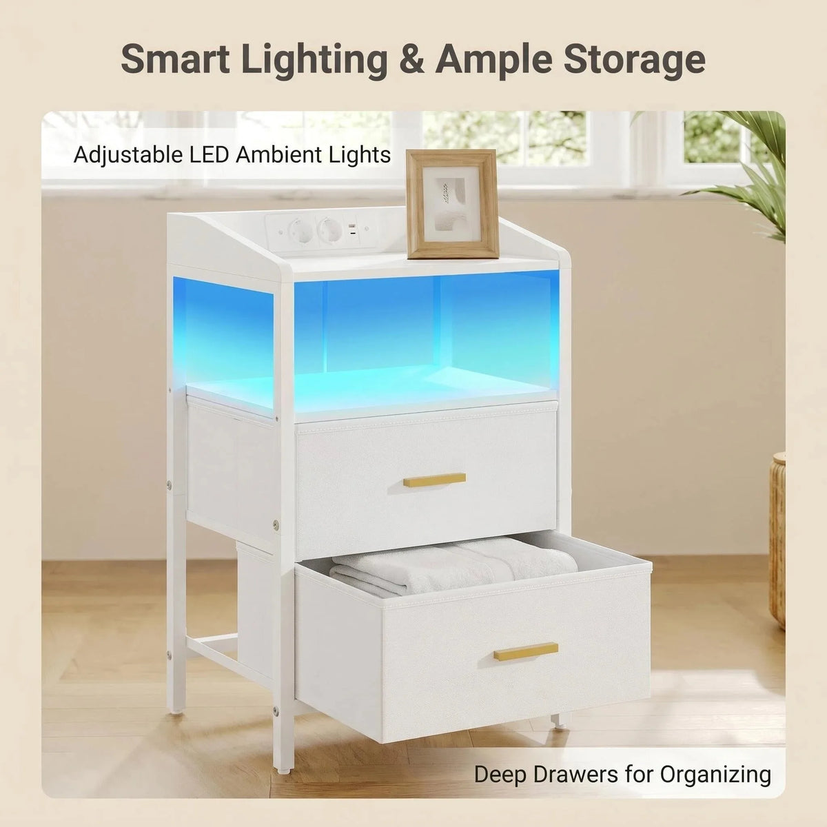Bedside Table set of 2, with LED Lights and Charging Station, Side Table with 2 Fabric Drawers and Shelves, White
