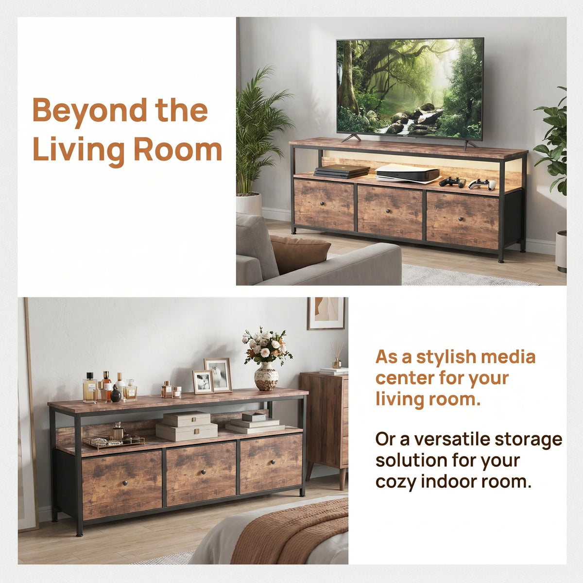108cm TV Cabinet, Storage Unit with 3 Drawers and Open Shelves, Built-in LED Lighting, Suitable for Living Room and Bedroom, Country Style, Tiger Skin