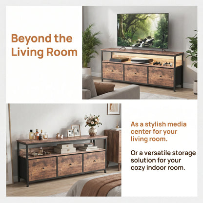 108cm TV Cabinet, Storage Unit with 3 Drawers and Open Shelves, Built-in LED Lighting, Suitable for Living Room and Bedroom, Country Style, Tiger Skin
