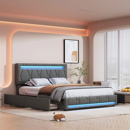 Rosahqnda Upholstered bed, Double bed without mattress, Linen bed frame with headboard backrest, 4 drawers, Double bed