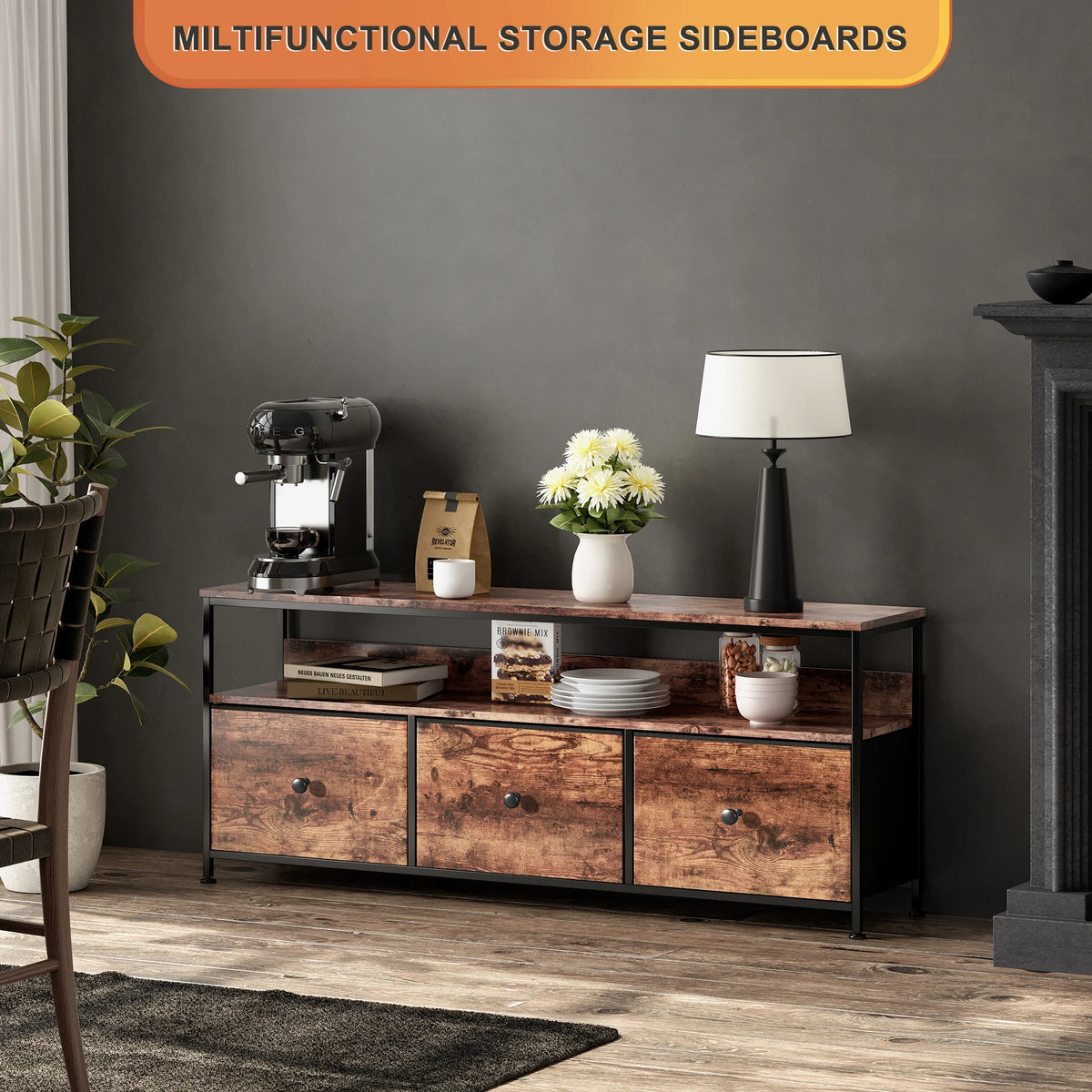 108cm TV Cabinet, Storage Unit with 3 Drawers and Open Shelves, Built-in LED Lighting, Suitable for Living Room and Bedroom, Country Style, Tiger Skin
