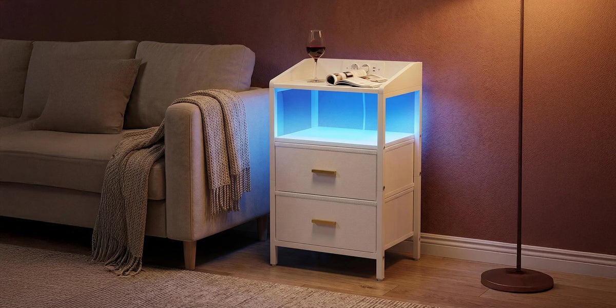 Bedside Table set of 2, with LED Lights and Charging Station, Side Table with 2 Fabric Drawers and Shelves, White