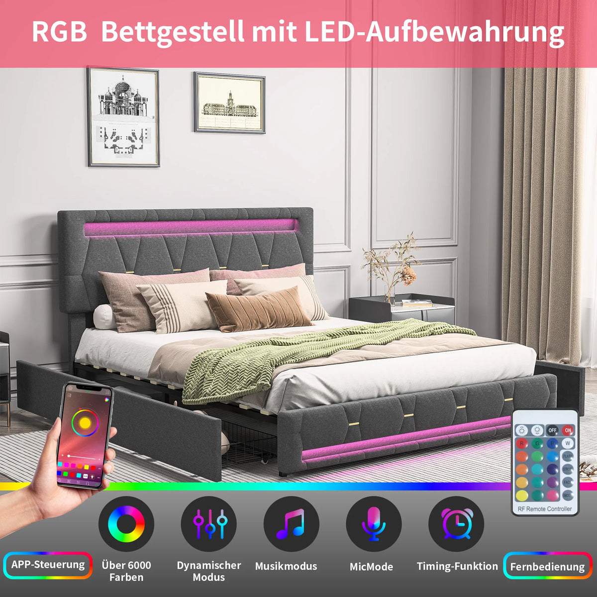 Rosahqnda Upholstered bed, Double bed without mattress, Linen bed frame with headboard backrest, 4 drawers, Double bed