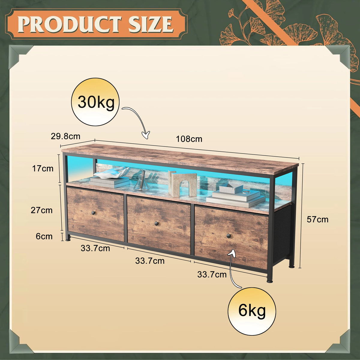 108cm TV Cabinet, Storage Unit with 3 Drawers and Open Shelves, Built-in LED Lighting, Suitable for Living Room and Bedroom, Country Style, Tiger Skin