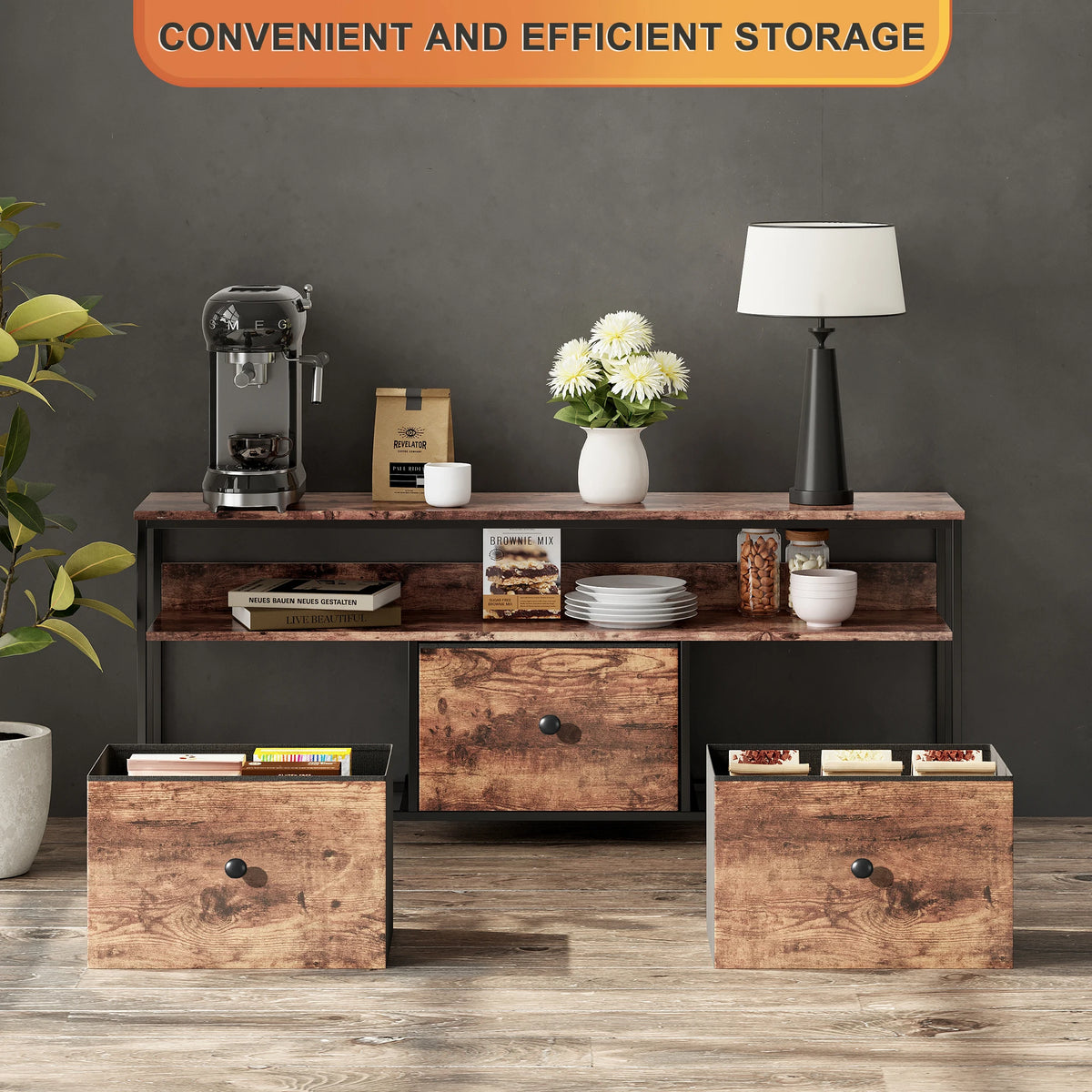 108cm TV Cabinet, Storage Unit with 3 Drawers and Open Shelves, Built-in LED Lighting, Suitable for Living Room and Bedroom, Country Style, Tiger Skin