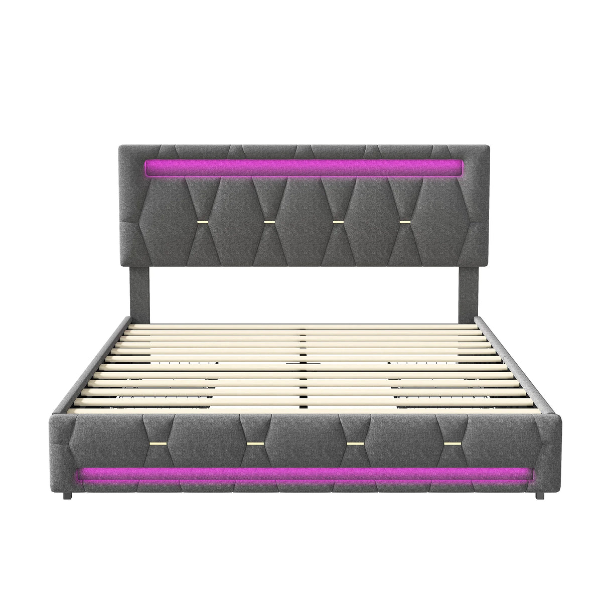 Rosahqnda Upholstered bed, Double bed without mattress, Linen bed frame with headboard backrest, 4 drawers, Double bed