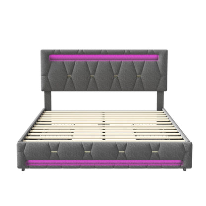 Rosahqnda Upholstered bed, Double bed without mattress, Linen bed frame with headboard backrest, 4 drawers, Double bed
