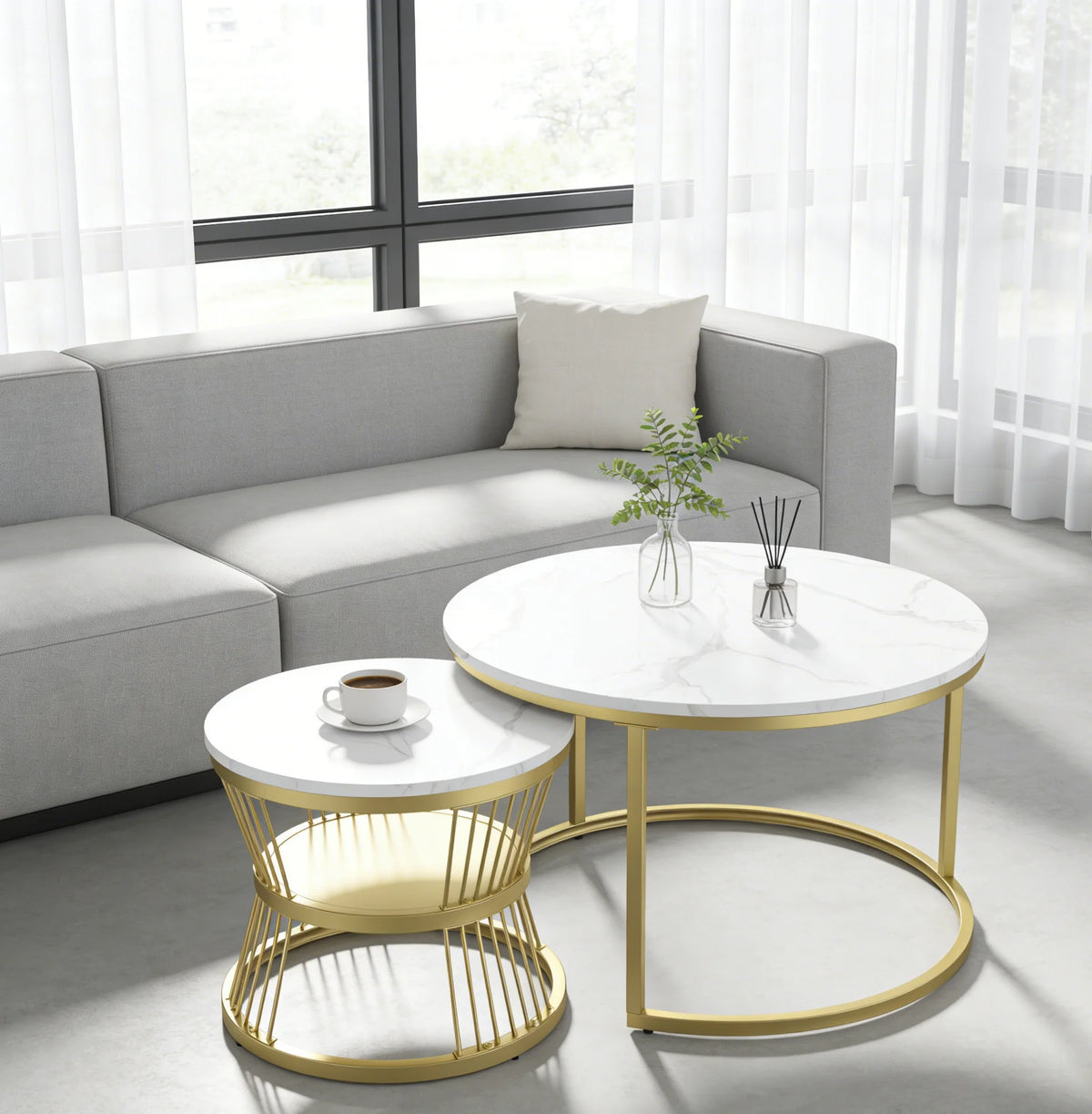 Round coffee table, two-piece set, marble top, metal frame, suitable for living room and bedroom, gold
