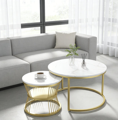 Round coffee table, two-piece set, marble top, metal frame, suitable for living room and bedroom, gold