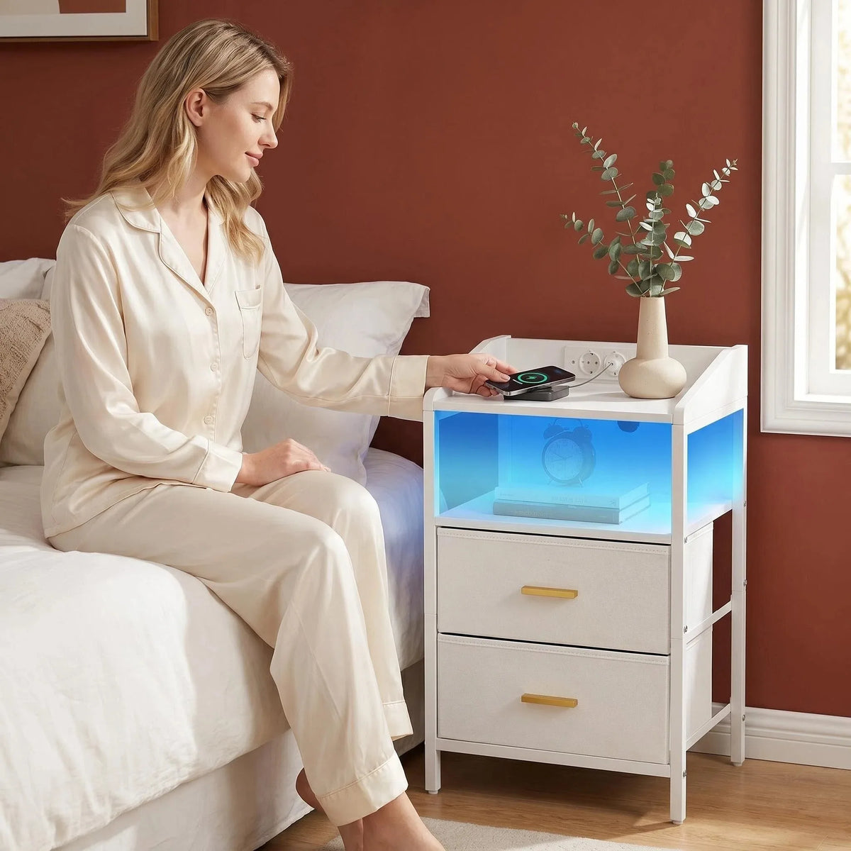 Bedside Table set of 2, with LED Lights and Charging Station, Side Table with 2 Fabric Drawers and Shelves, White