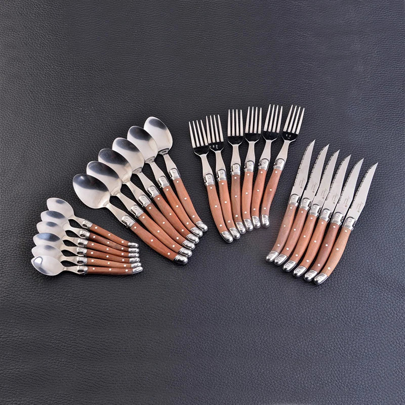 24pcs Laguiole Cutlery set Luxury Rose Wood Handle Dinnerware Stainless steel Tableware 6 Steak Knife 6 Fork 6 Spoon 6 Teaspoon