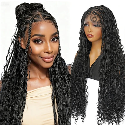 Natural Black Full Lace Bohemian Synthetic Wig with Triangle Knotless Braided Black Women's Natural Wave Boho Braid Wigs