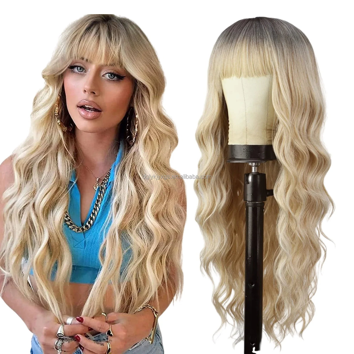 26" Brown Blonde Wavy Synthetic Wig with Bangs