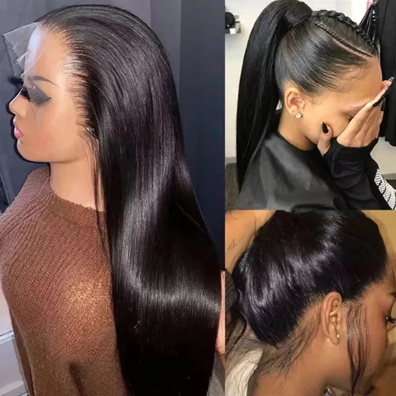 FX-HA07 Premium Blend Hair Wig Long Straight Black High Quality Invisible Transparent 13*4 Lace Frontal Wig Lace Front Wigs