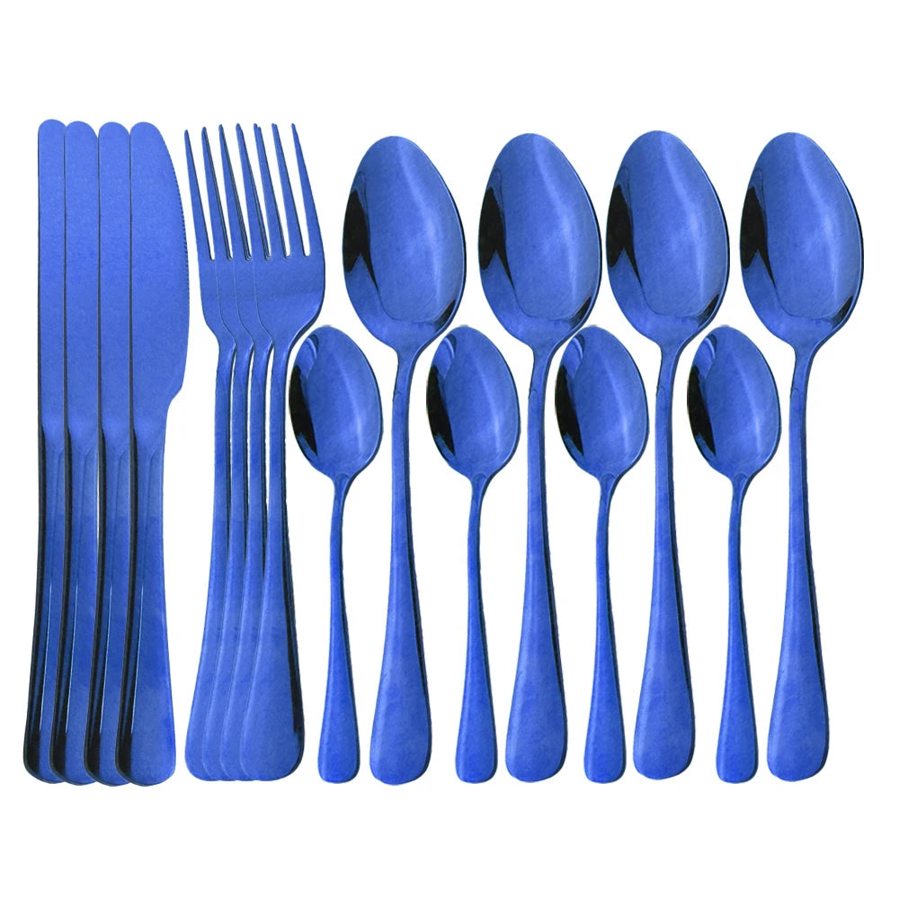 Blue Dinnerware Stainless Steel Tableware Fork Spoon Knife Dinner Set Kitchen Black Cutlery Set Silverware 16Pcs