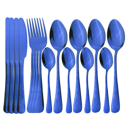Blue Dinnerware Stainless Steel Tableware Fork Spoon Knife Dinner Set Kitchen Black Cutlery Set Silverware 16Pcs
