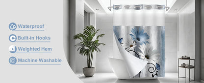 Hookless Shower Curtain Liner Set Teal Semi-Sheer Waterproof Washable 72x75 Inch Bathroom Decor