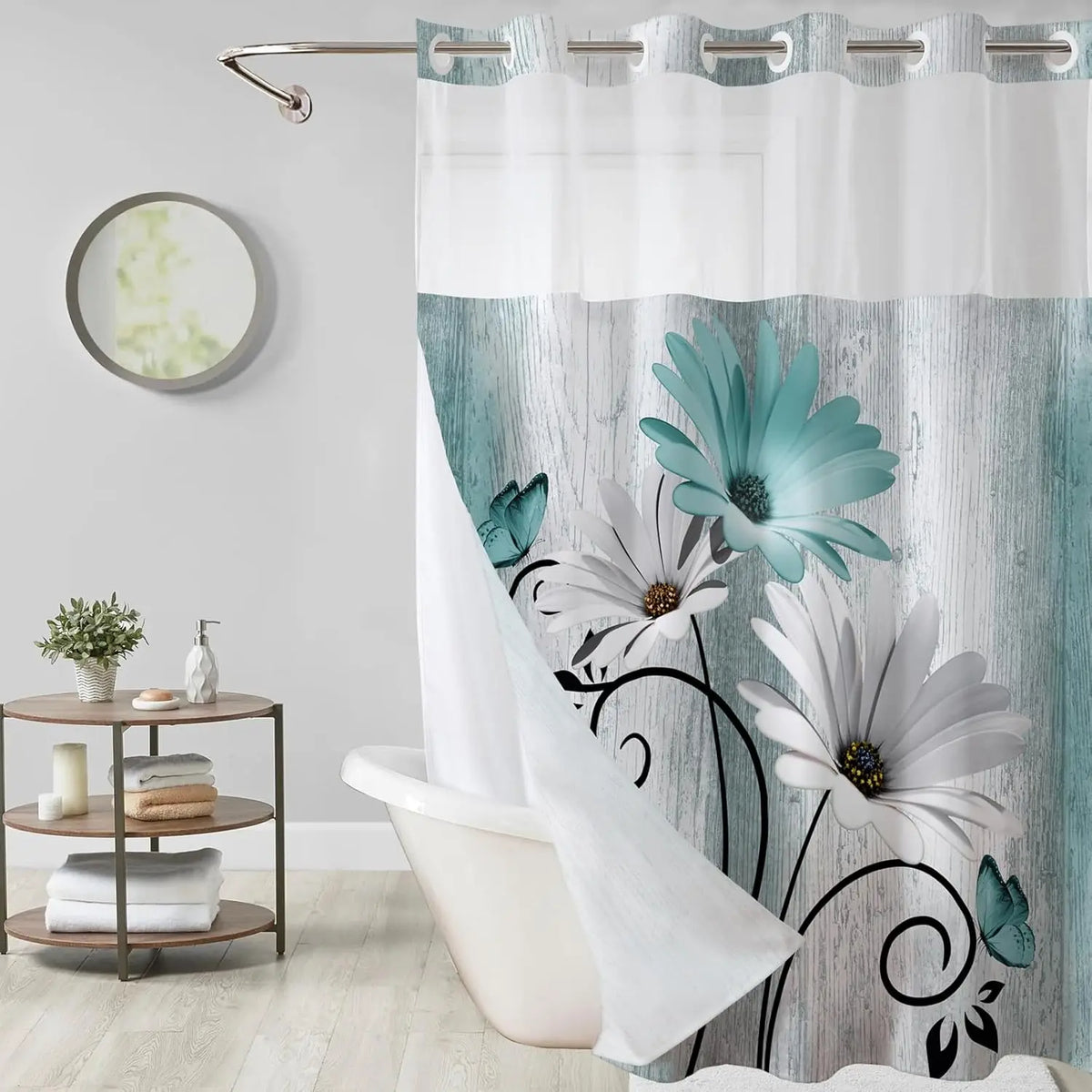 Hookless Shower Curtain Liner Set Teal Semi-Sheer Waterproof Washable 72x75 Inch Bathroom Decor