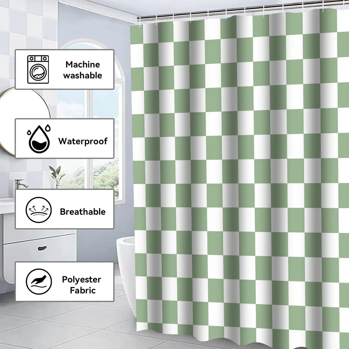 4-Piece Checkered Gingham Retro Shower Curtain Set Non-Slip Bath Rug U-Shaped Mat 12 Hooks Waterproof Fabric Green