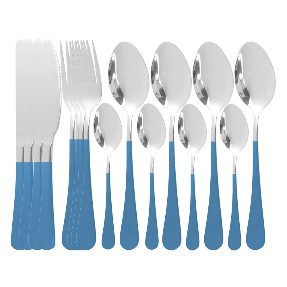 Blue Dinnerware Stainless Steel Tableware Fork Spoon Knife Dinner Set Kitchen Black Cutlery Set Silverware 16Pcs