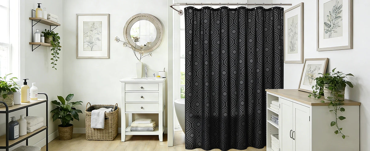 Grey Boho Farmhouse Elegant Washable Sheer Lace Shower Curtain Set 72Wx72L with 12 Plastic Hooks