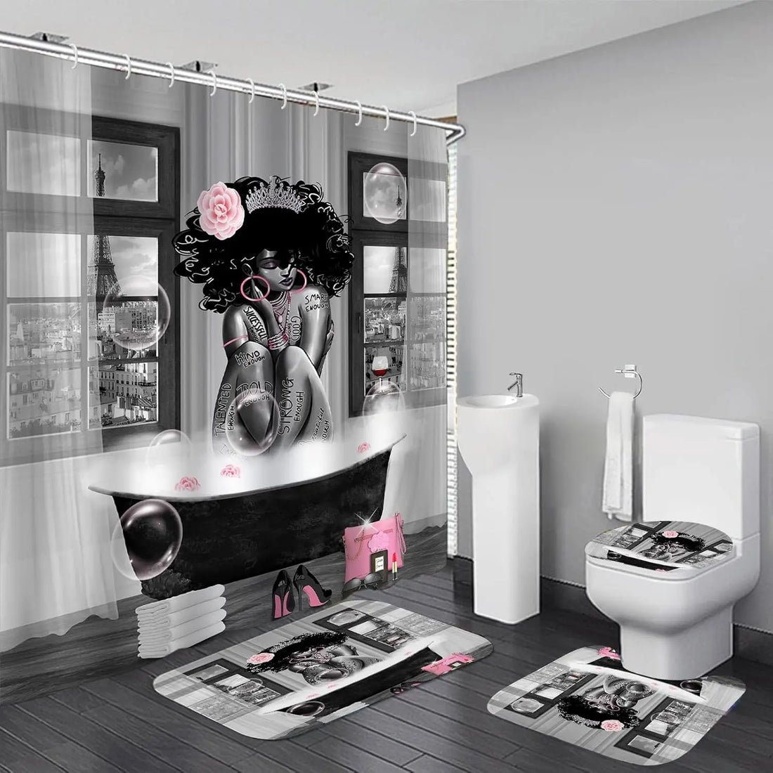 KOKGYM 4-Piece African American Shower Curtain Set Rugs 12 Hooks Paris Eiffel Tower Art Pattern Waterproof Polyester Casual