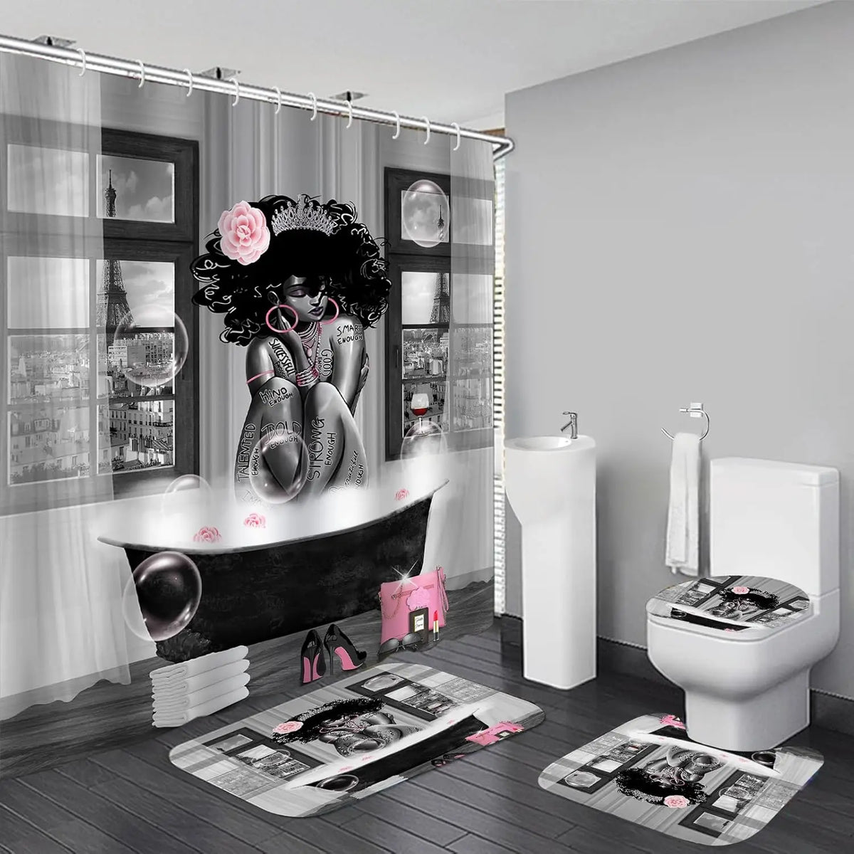 KOKGYM 4-Piece African American Shower Curtain Set Rugs 12 Hooks Paris Eiffel Tower Art Pattern Waterproof Polyester Casual