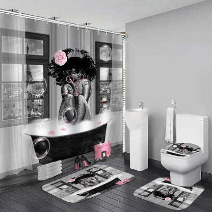 KOKGYM 4-Piece African American Shower Curtain Set Rugs 12 Hooks Paris Eiffel Tower Art Pattern Waterproof Polyester Casual