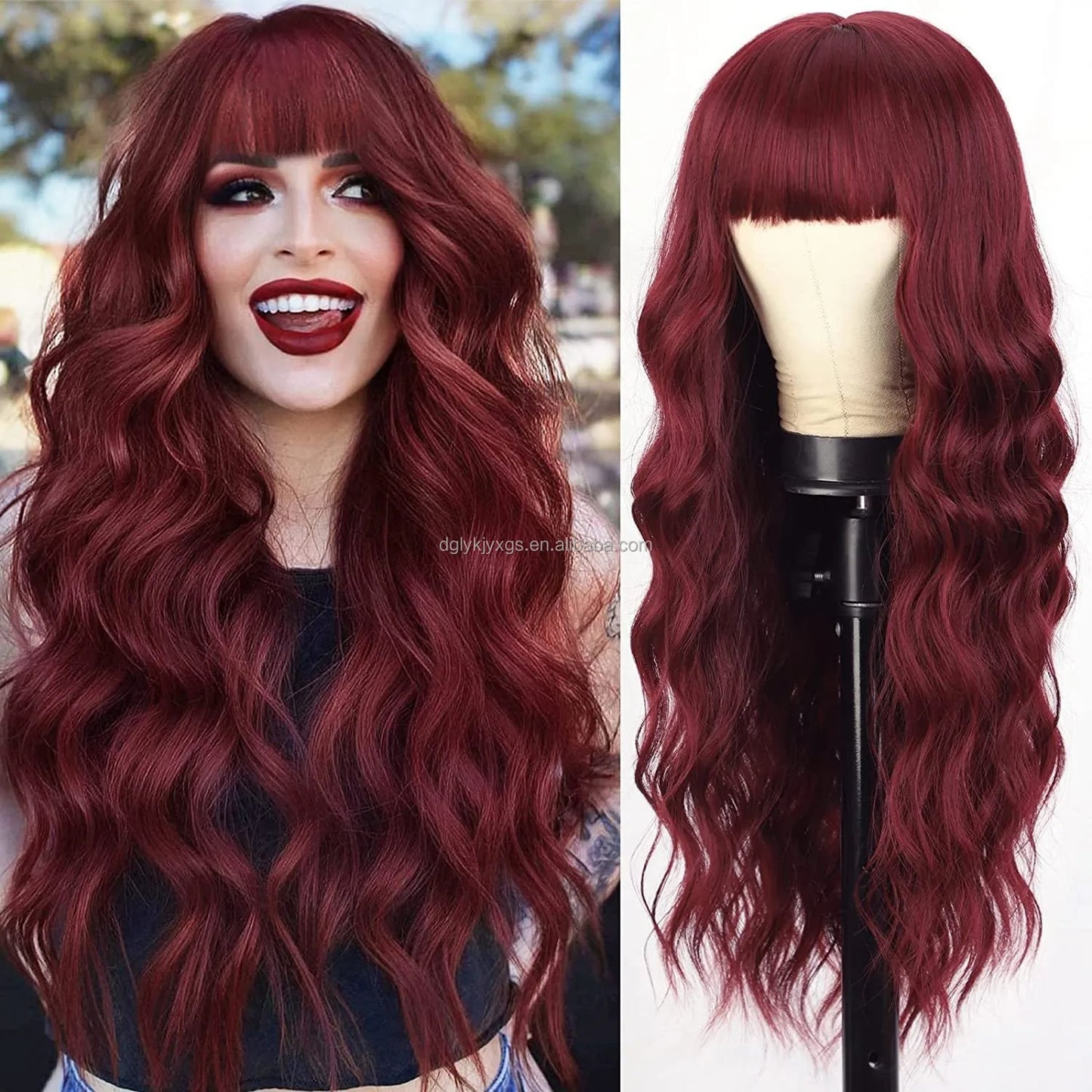 Hot Sales 26Inch Brown Mixed Blonde Wigs with Bangs for Women Wavy Curly Hair Heat Resistant Synthetic Fiber Wigs Women Hair