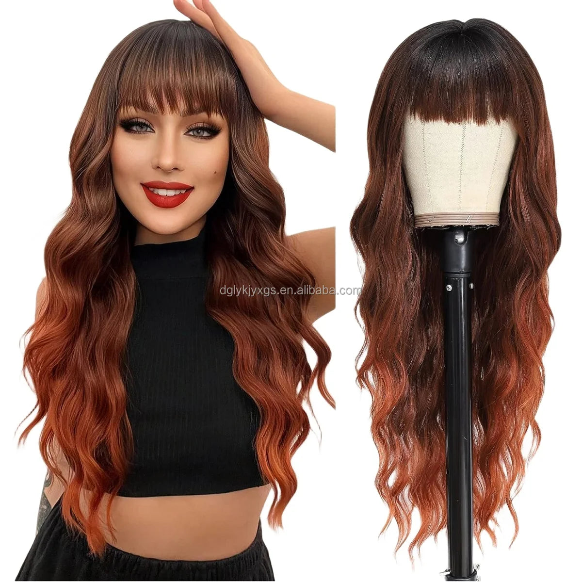 26" Brown Blonde Wavy Synthetic Wig with Bangs