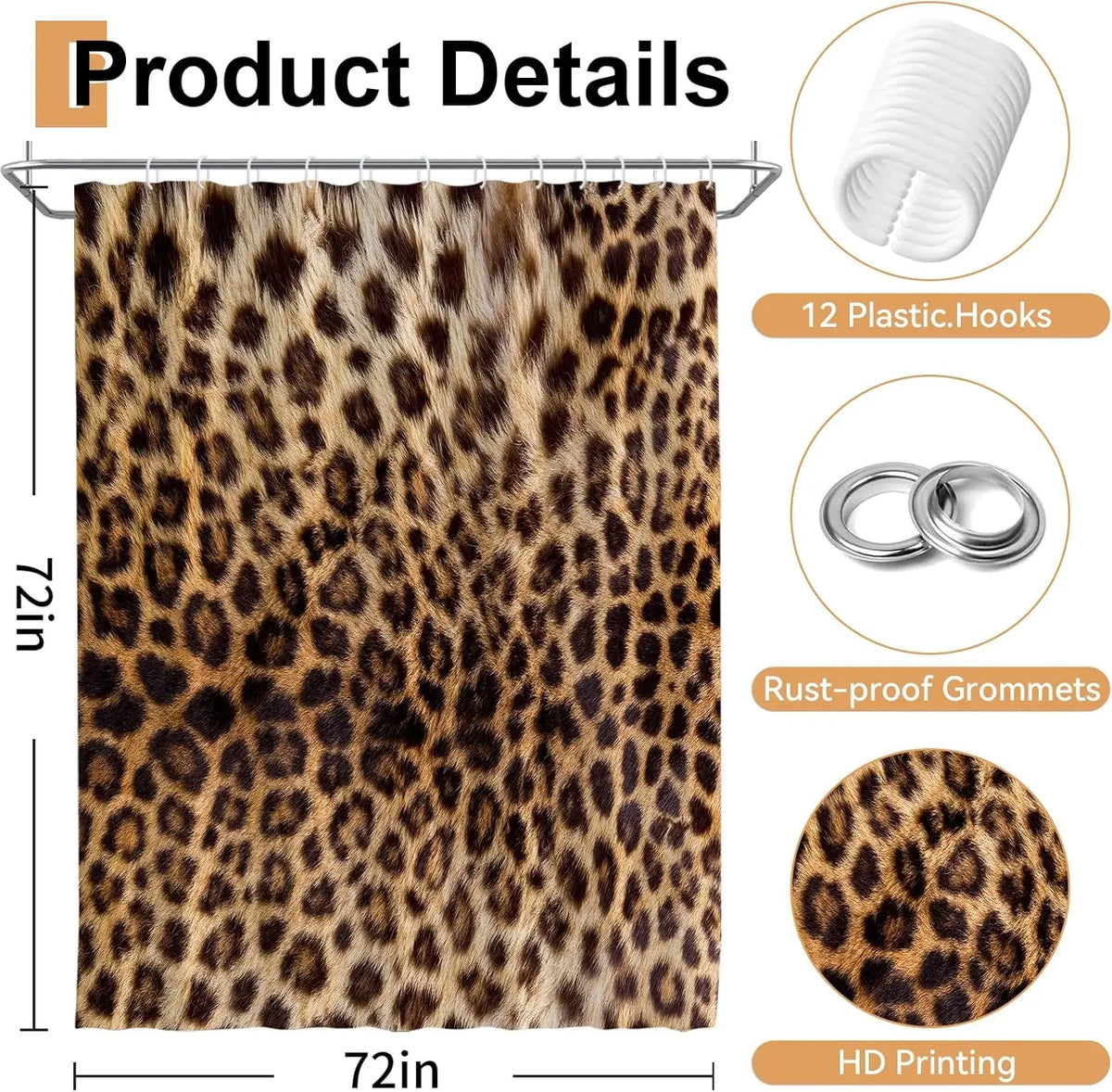 Brown Leopard Shower Curtain Cheetah Animal Print Blackout Polyester Machine Washable Hooks 72x72 Modern Bathroom Decor