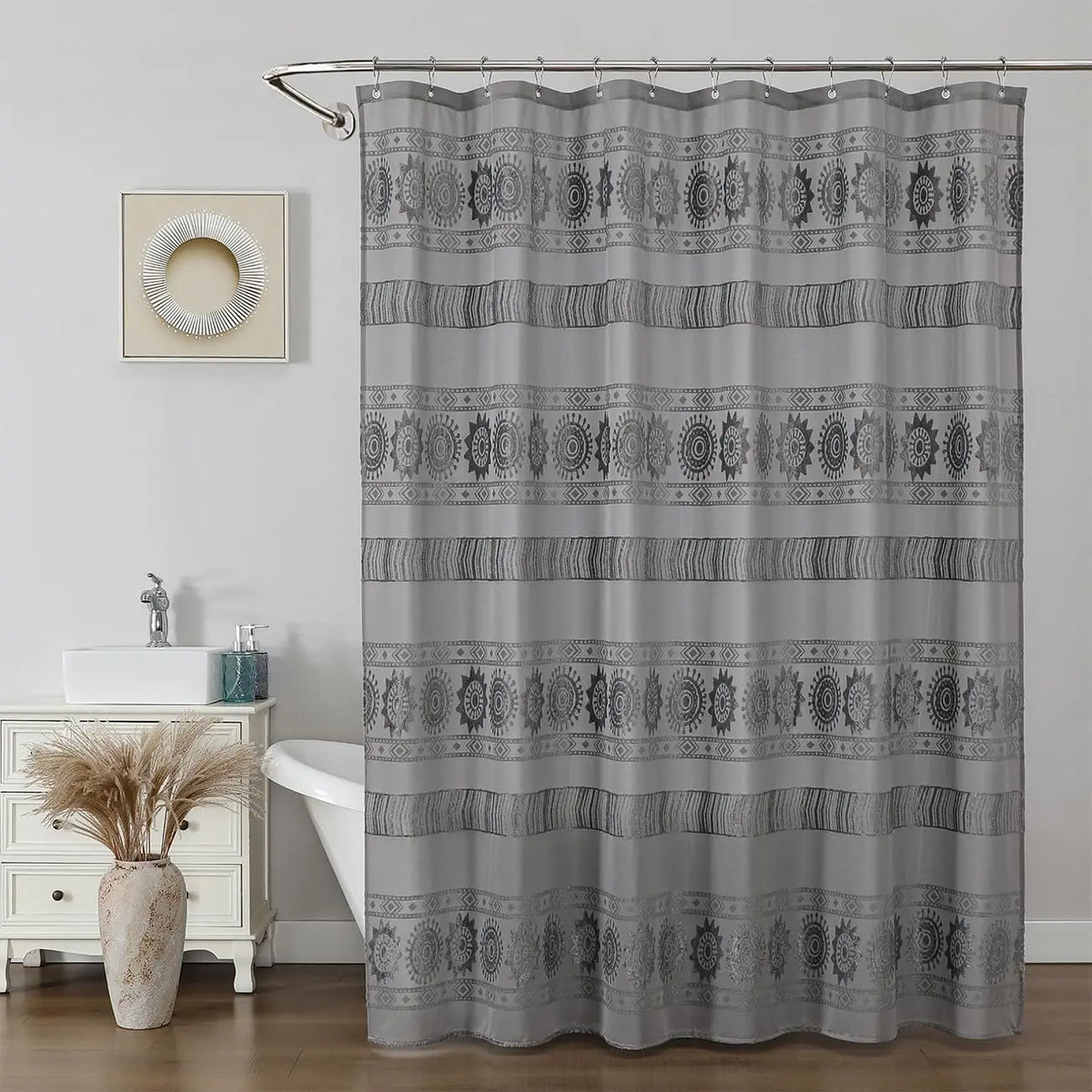 Grey Boho Farmhouse Elegant Washable Sheer Lace Shower Curtain Set 72Wx72L with 12 Plastic Hooks