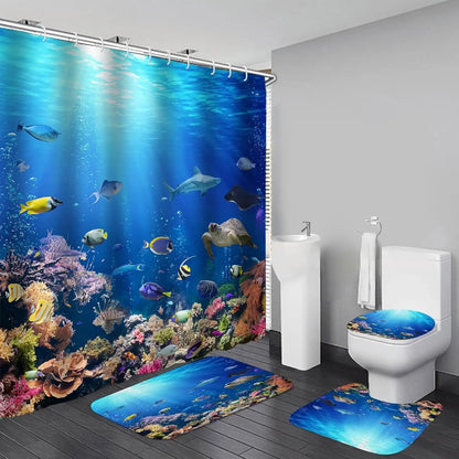 4-Piece Sunlight Sea Fish Ocean Theme Bathroom Set with Rugs Shower Curtain 12 Hooks-Machine-Washable Blackout Polyester