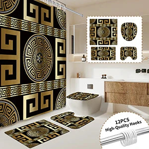 4PCS Black Gold Geometric Print Polyester Fabric Shower Curtain Set Modern Waterproof Soft Fabric Non-Slip Bath Mat 12