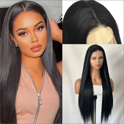 FX-HA07 Premium Blend Hair Wig Long Straight Black High Quality Invisible Transparent 13*4 Lace Frontal Wig Lace Front Wigs