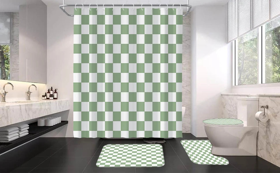 4-Piece Checkered Gingham Retro Shower Curtain Set Non-Slip Bath Rug U-Shaped Mat 12 Hooks Waterproof Fabric Green