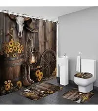 4-Piece Brown Cowboy Rustic Western Farmhouse Shower Curtain Set Non-Slip Rugs Washable Polyester Fabric Sunflower Barn