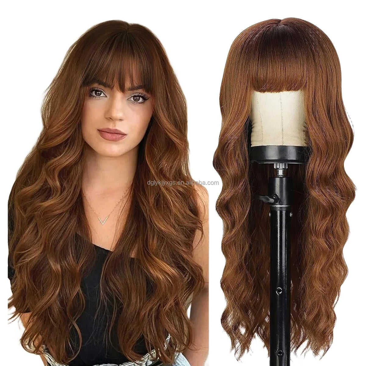 26" Brown Blonde Wavy Synthetic Wig with Bangs