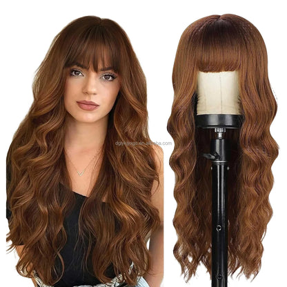 Hot Sales 26Inch Brown Mixed Blonde Wigs with Bangs for Women Wavy Curly Hair Heat Resistant Synthetic Fiber Wigs Women Hair