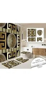 4PCS Black Gold Geometric Print Polyester Fabric Shower Curtain Set Modern Waterproof Soft Fabric Non-Slip Bath Mat 12