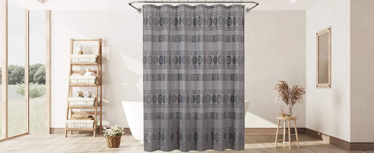 Grey Boho Farmhouse Elegant Washable Sheer Lace Shower Curtain Set 72Wx72L with 12 Plastic Hooks
