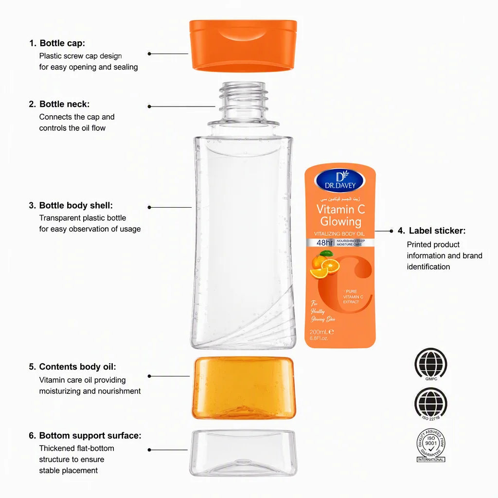 200ml+200ml One Set DR.DAVEY Vitamin C Glowing Vitalizing Body Oil 48H Moisture Citrus Scent USA Warehouse Ready Stock