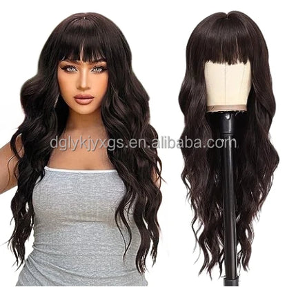 Hot Sales 26Inch Brown Mixed Blonde Wigs with Bangs for Women Wavy Curly Hair Heat Resistant Synthetic Fiber Wigs Women Hair