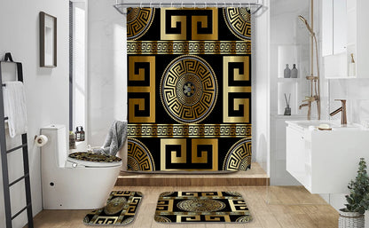 4PCS Black Gold Geometric Print Polyester Fabric Shower Curtain Set Modern Waterproof Soft Fabric Non-Slip Bath Mat 12
