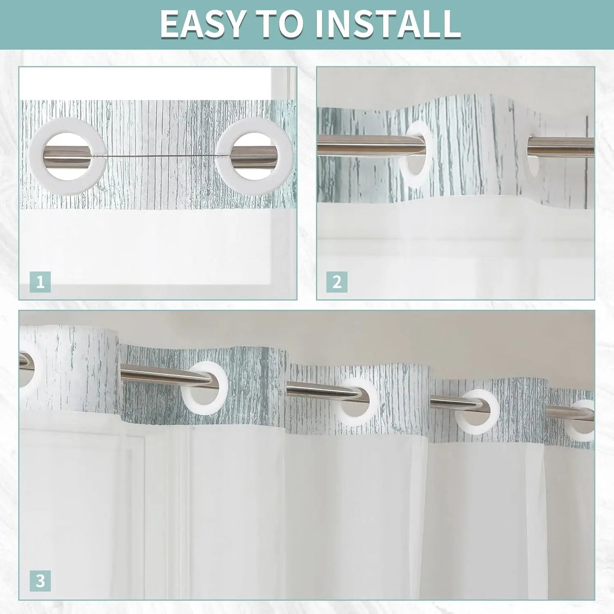 Hookless Shower Curtain Liner Set Teal Semi-Sheer Waterproof Washable 72x75 Inch Bathroom Decor