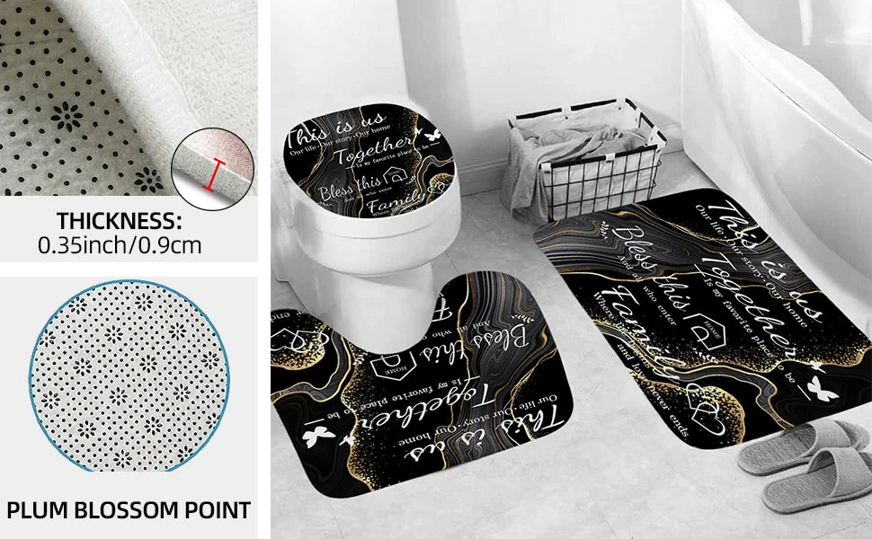 4-Piece Marble Design Polyester Shower Curtain Set Non-Slip Bath Mat Toilet Lid Mat U-Shaped Floor Mat Black Gold 12