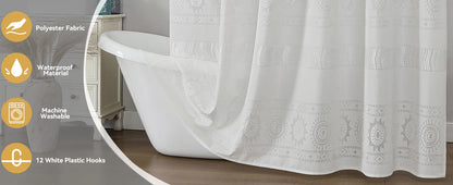 White Boho Farmhouse Modern Shower Curtain Set Waterproof Polyester Neutral Textured 72Wx72L Inches 12 Plastic Hooks