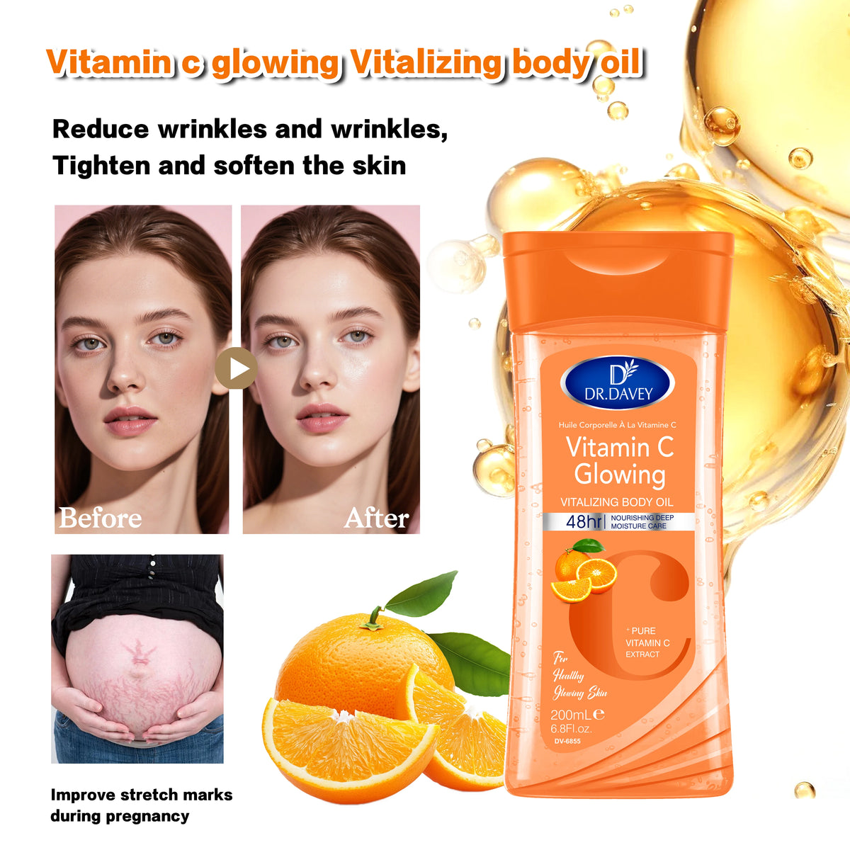 200ml+200ml One Set DR.DAVEY Vitamin C Glowing Vitalizing Body Oil 48H Moisture Citrus Scent USA Warehouse Ready Stock