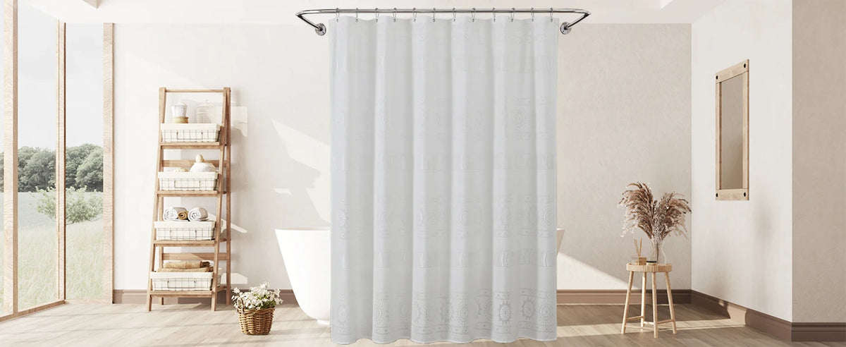 White Boho Farmhouse Modern Shower Curtain Set Waterproof Polyester Neutral Textured 72Wx72L Inches 12 Plastic Hooks