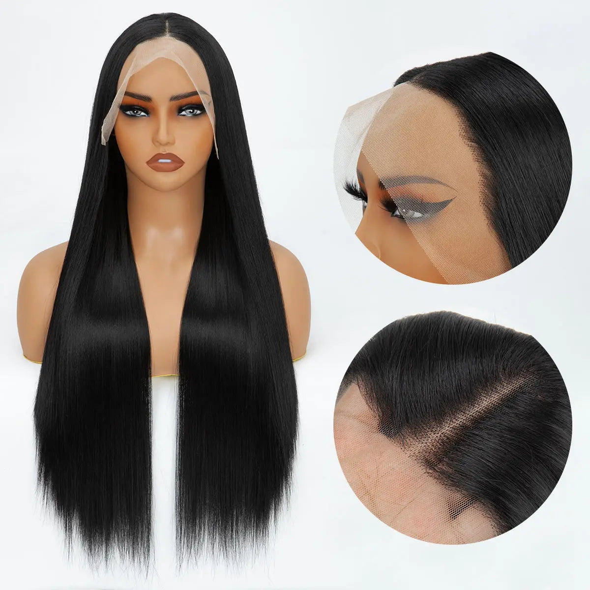 FX-HA07 Premium Blend Hair Wig Long Straight Black High Quality Invisible Transparent 13*4 Lace Frontal Wig Lace Front Wigs